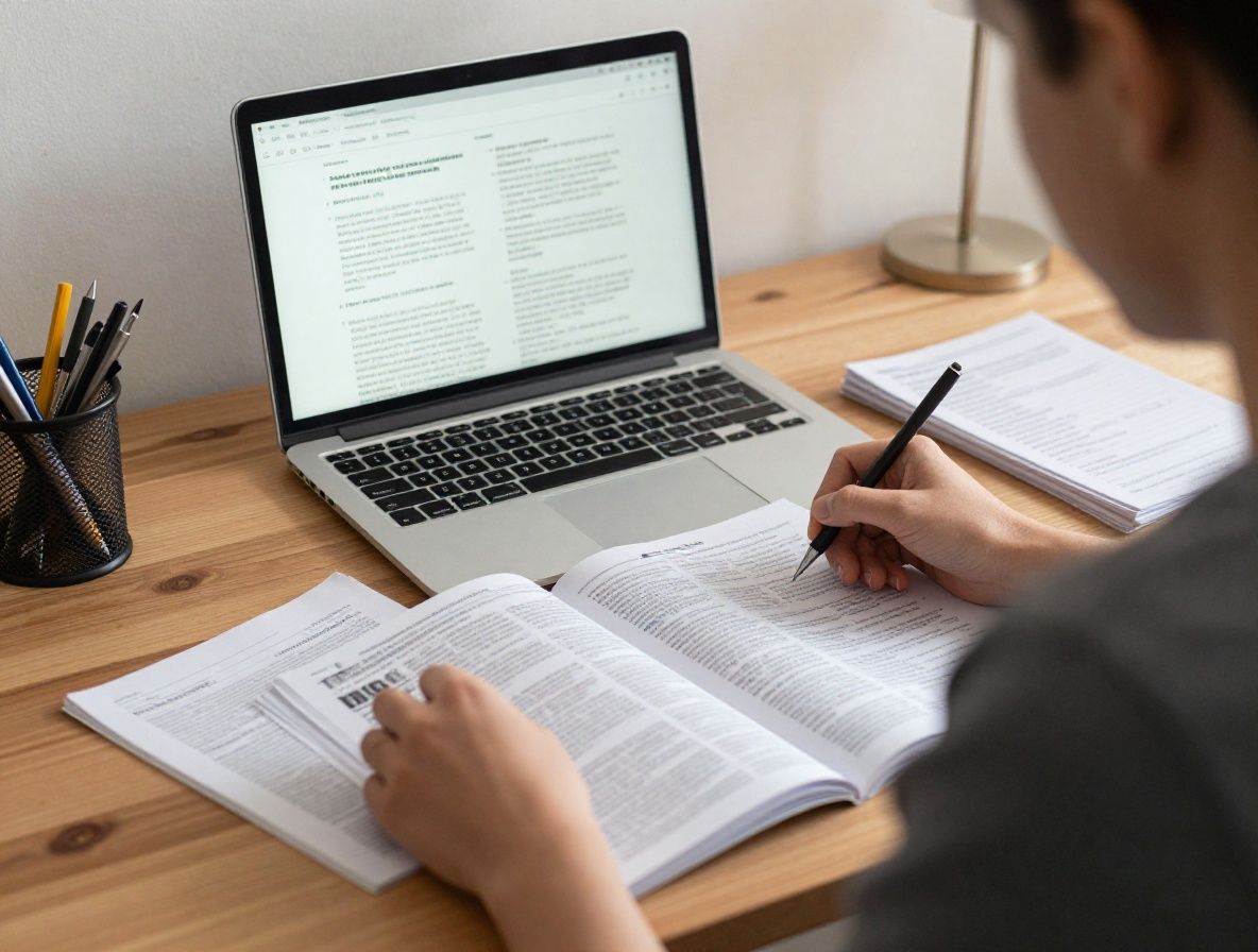 Radni stol s raspoređenim bilježnicama, printanim člancima i istraživačkim materijalima o prehrani i dobrobiti, tople boje drva, vintage sat na stolu, studijska atmosfera ranog jutra