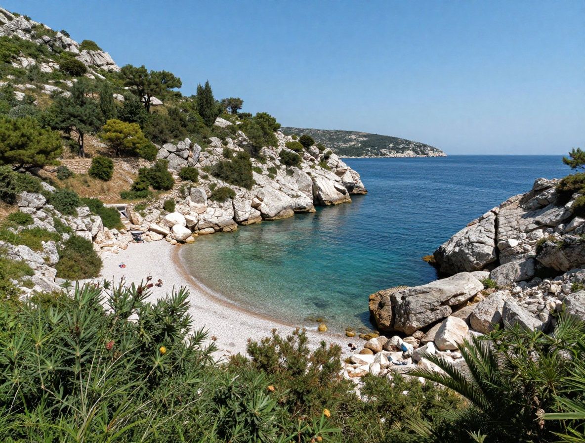 Panoramski pogled na mediteranski zaljev s bistrom tirkiznom vodom, zelenim brdima u pozadini, toplo sunčano poslijepodne, fotografirano s visine rta