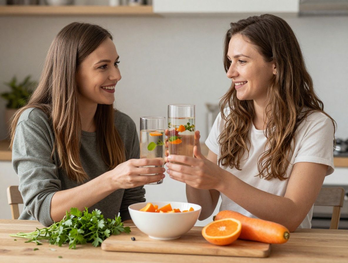 Čaša hladne vode s kapima rose na vanjskoj površini pored posude s rezanom narančom i mentom na kamenom pultu u prirodnom svjetlu, svježa i minimalistička kompozicija